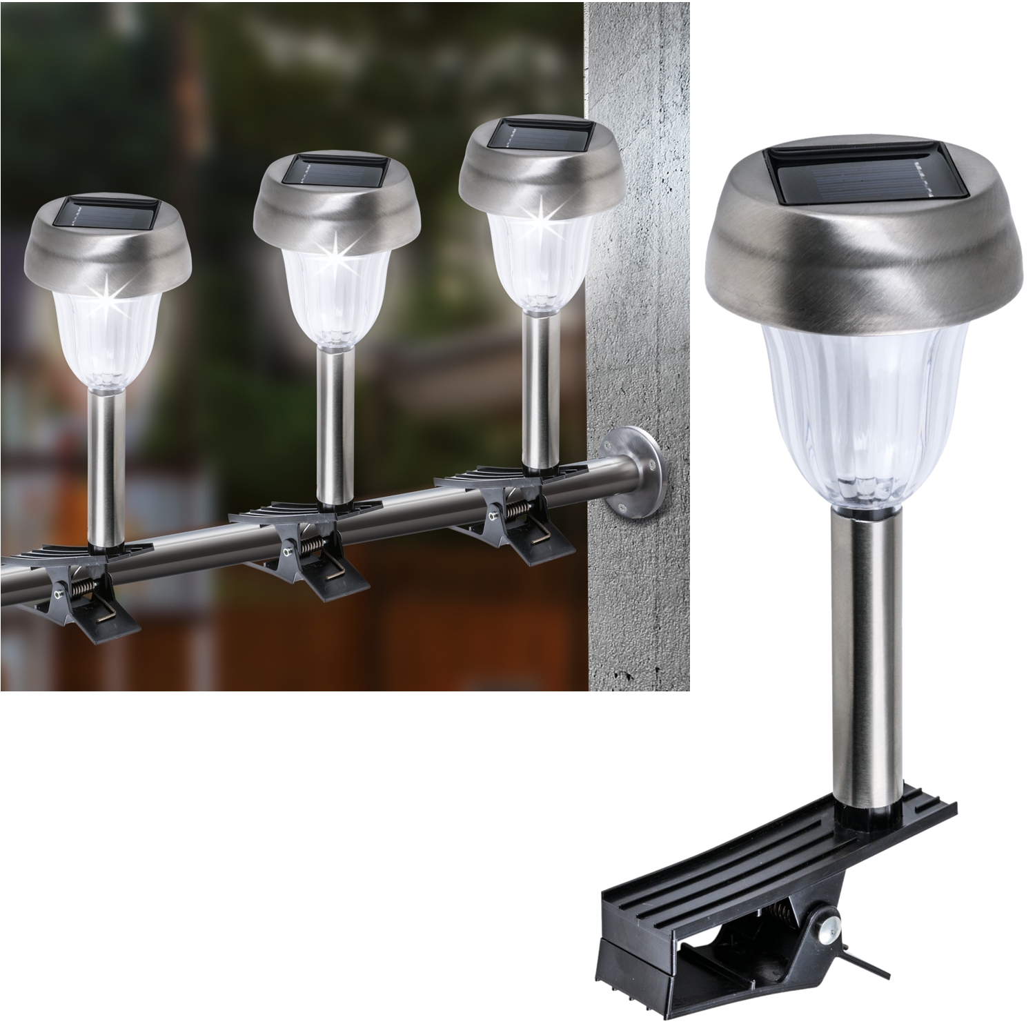 3er Set LED Solar Balkon Leuchten m. Befestigungsklammer Solarlampe