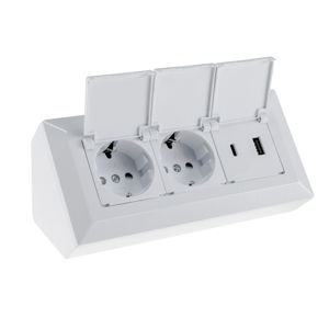 2-fach +2x USB Steckdosenblock mit Deckel DELPHI Freigestellte Ansicht frontal seitlich